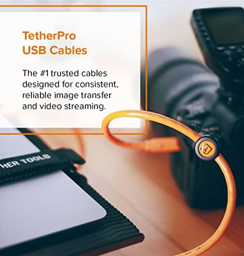 כלים לקשר Tetherpro USB-C ל- USB 3.0 מיקרו-B כבל זווית ישרה | להעברה מהירה וחיבור בין מצלמה למחשב | כתום נראות גבוה | 15 מטר